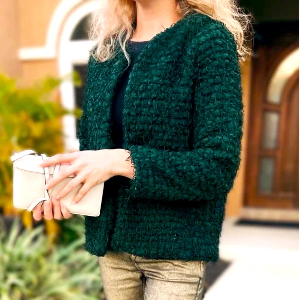 Zara Textured Fuzzy Teddy Jacket Blazer Coat Emerald Green NEW